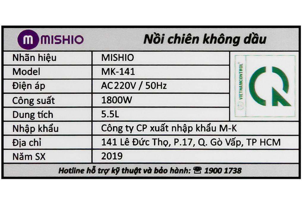 Nồi chiên không dầu Mishio MK-141 5.5 lít Đen