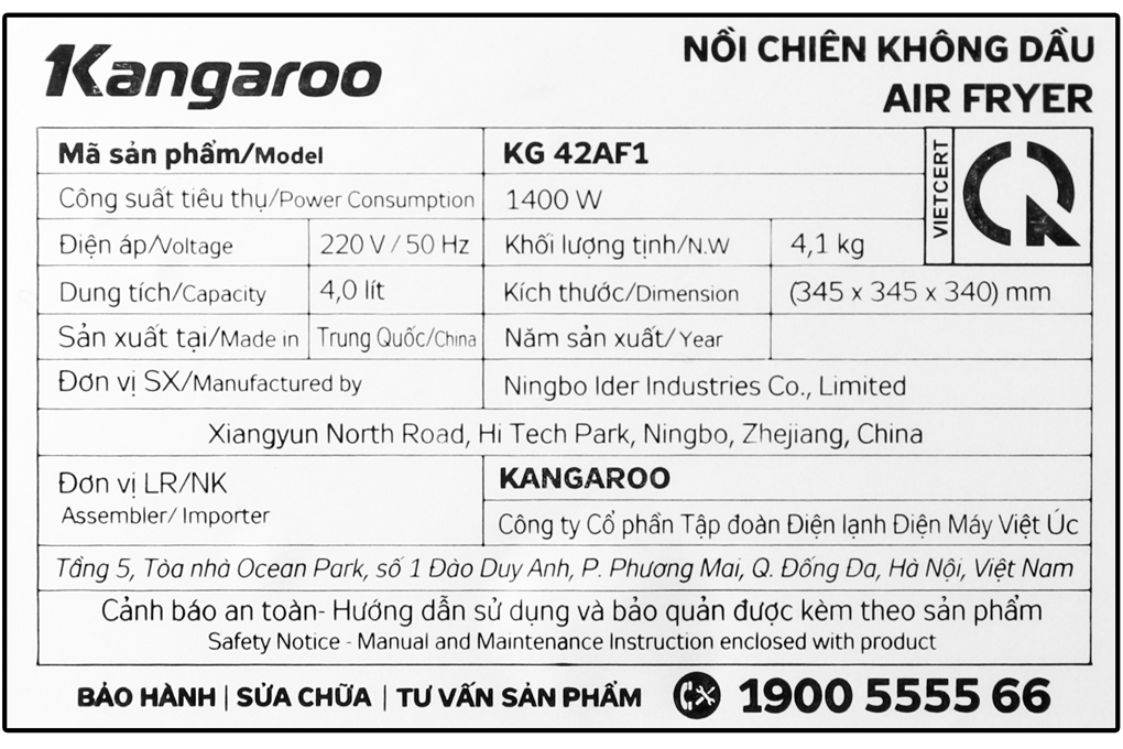 Nồi chiên không dầu Kangaroo KG42AF1 3.5 lít