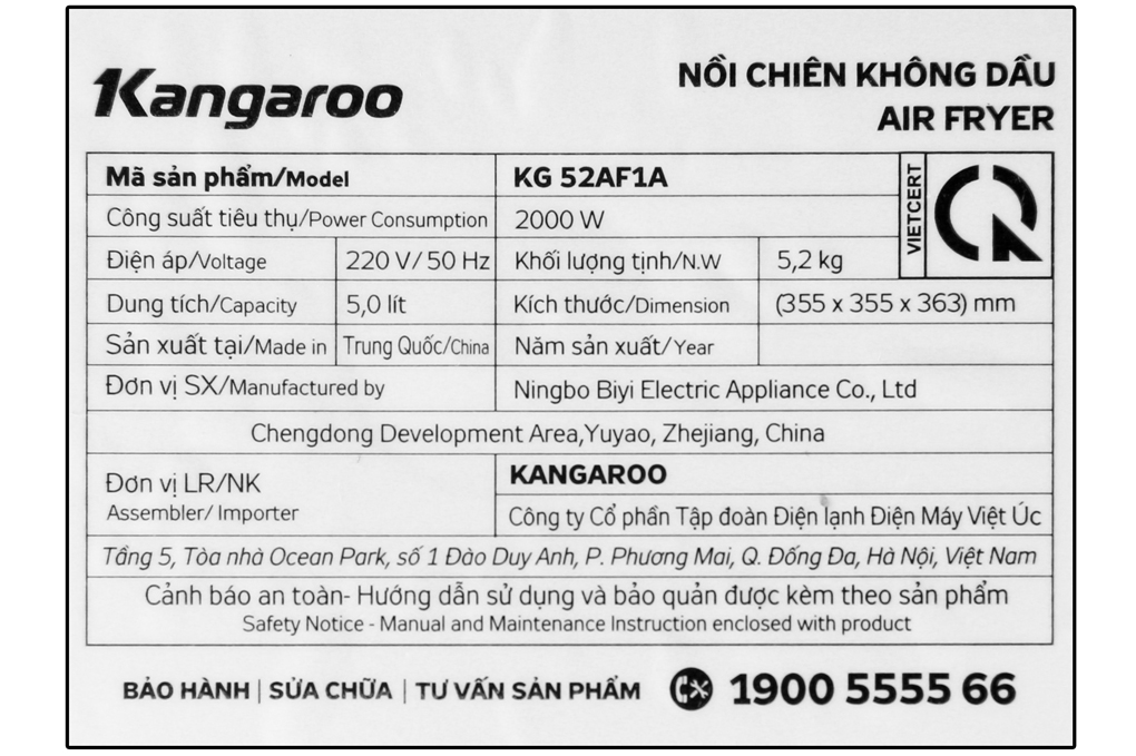 Nồi chiên không dầu Kangaroo KG52AF1A 4.5 lít
