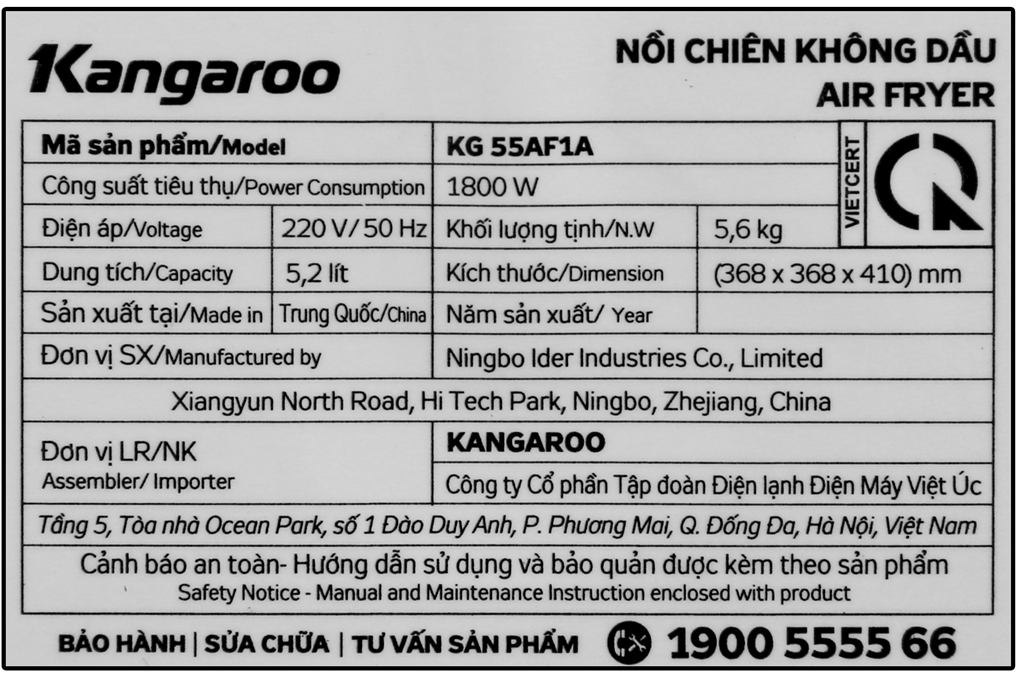 Nồi chiên không dầu Kangaroo KG55AF1A 4.7 lít