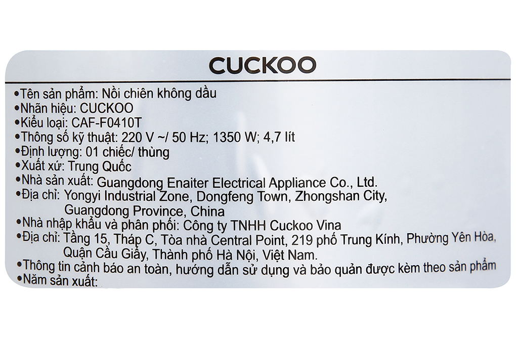 Nồi chiên không dầu Cuckoo CAF-F0410T 3.5 lít