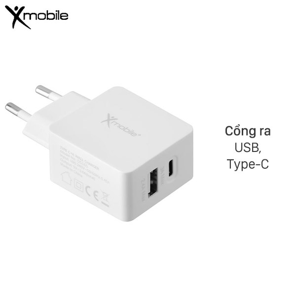 Adapter Sạc 2 cổng USB 2.4A Type-C 3A Xmobile DS165 Trắng