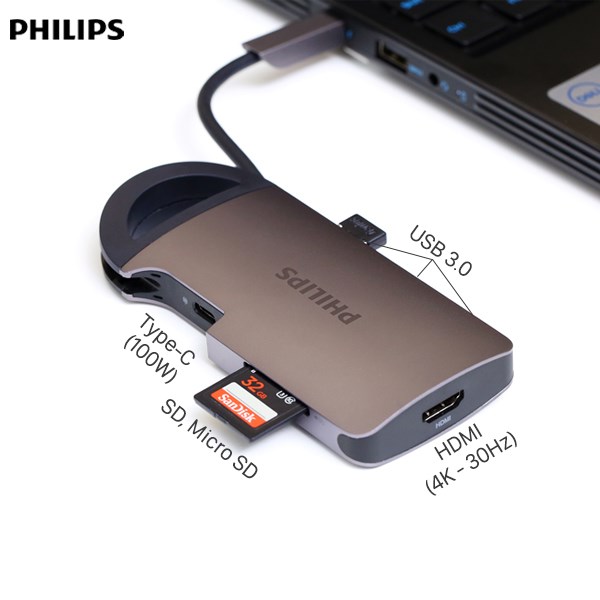 Adapter chuyển đổi USB-C 7 in 1 Philips SWR1606B Xám