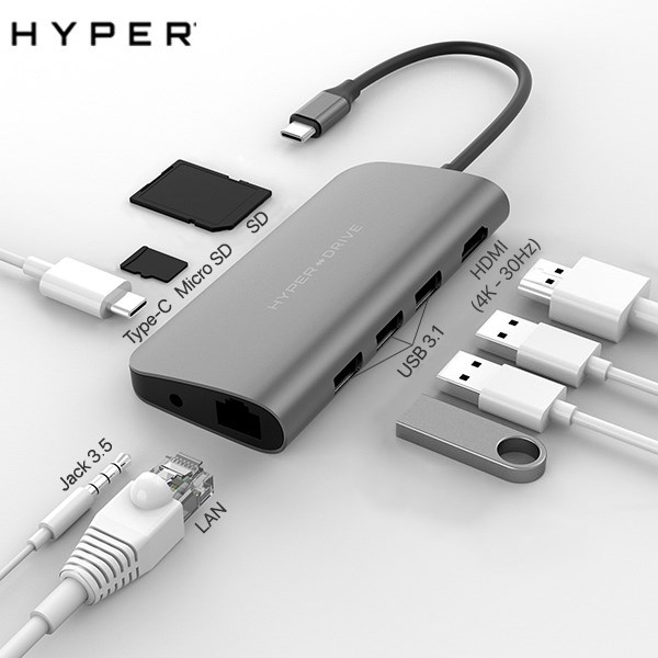 Adapter chuyển đổi Type C 9 in 1 HyperDrive HD30F Xám