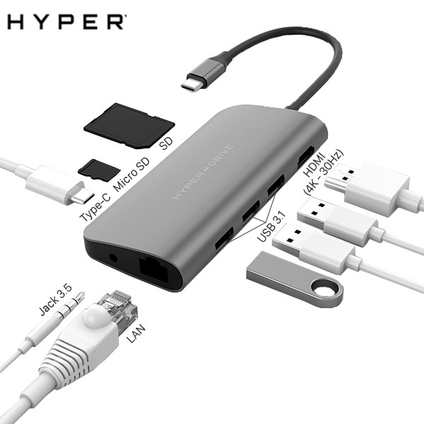 Adapter chuyển đổi USB C 9 in 1 HyperDrive HD30F Xám