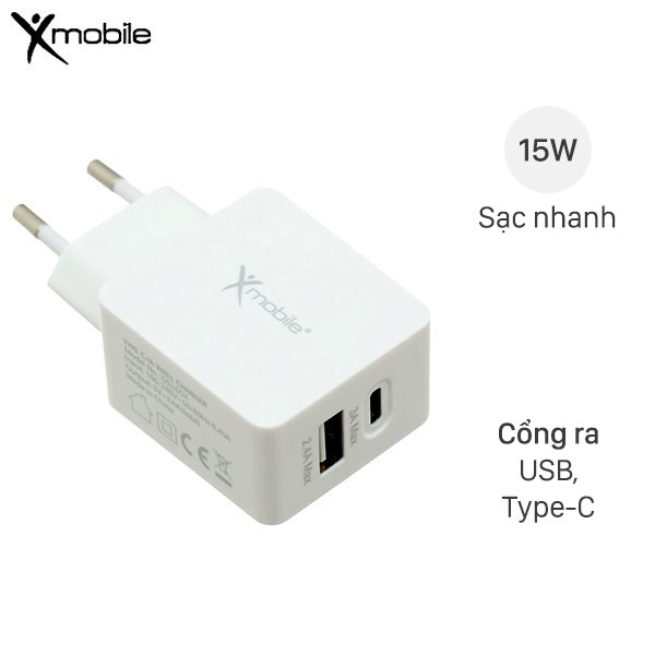 Adapter Sạc 2 cổng USB 2.4A Type C 3A Xmobile DS165X Trắng