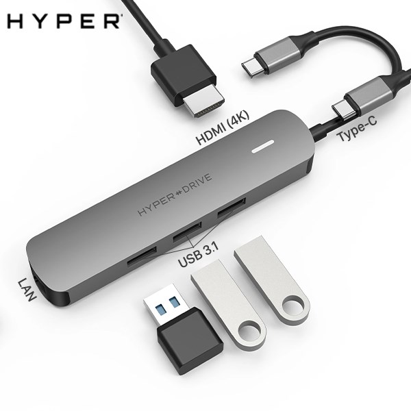 Adapter chuyển đổi Type C 6 in 1 HyperDrive HD233B Xám