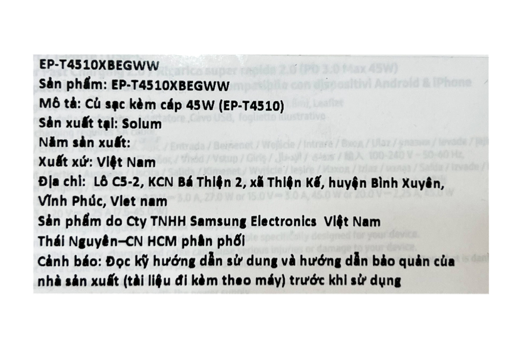 Bộ Adapter sạc kèm cáp Type C - Type C PD 45W Samsung EP-T4510X Đen